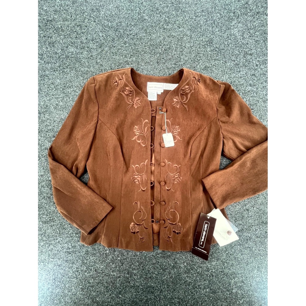 NWT Karin Stevens Blazer Jacket Women 14 Brown Suede Embroidered Padded Shoulder